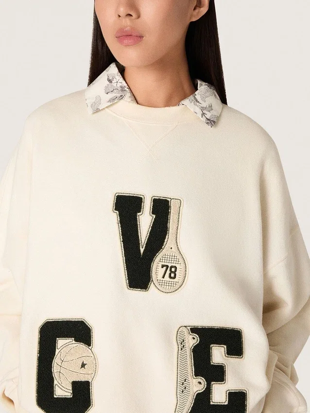 Sweat-shirt unisexe Star en coton, blanc vintage, avec écussons brodés VCE