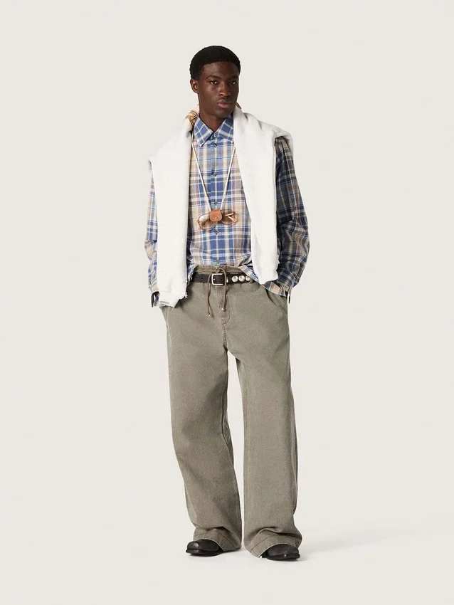 Chemise oversize pour homme en coton à carreaux indigo et beige