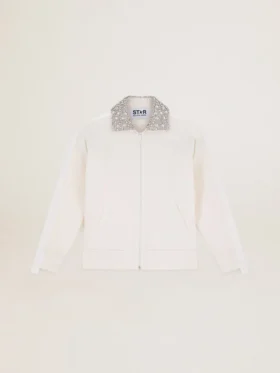 Sweat-shirt zippé blanc « Papyrus » de la Star Collection, avec col orné de cristaux