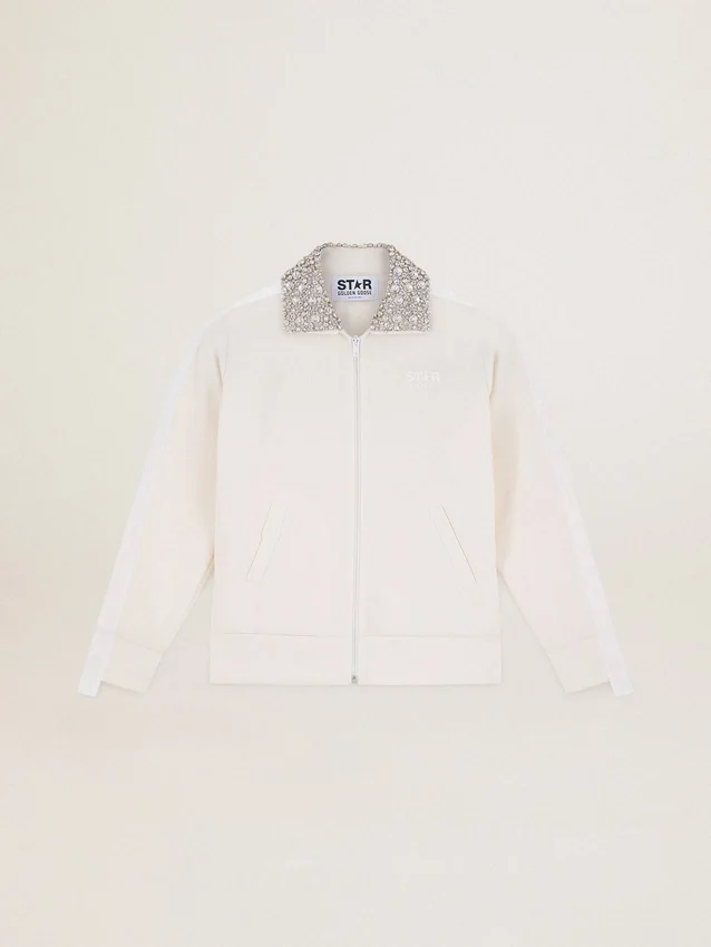 Sweat-shirt zippé blanc « Papyrus » de la Star Collection, avec col orné de cristaux