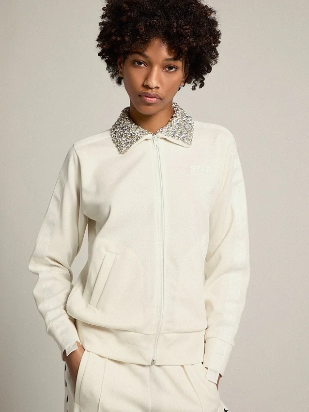 Sweat-shirt zippé blanc « Papyrus » de la Star Collection, avec col orné de cristaux