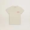 T-shirt en coton pour filles, blanc délavé, avec broderie rouge sur la poitrine