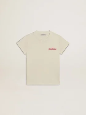 T-shirt en coton pour filles, blanc délavé, avec broderie rouge sur la poitrine