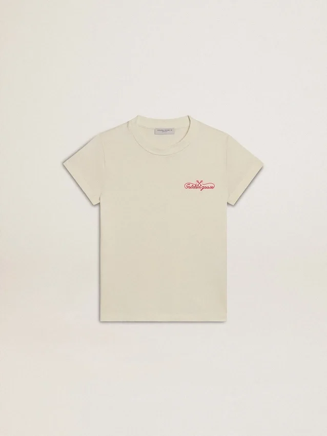 T-shirt en coton pour filles, blanc délavé, avec broderie rouge sur la poitrine