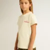 T-shirt en coton pour filles, blanc délavé, avec broderie rouge sur la poitrine