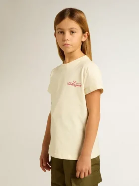 T-shirt en coton pour filles, blanc délavé, avec broderie rouge sur la poitrine