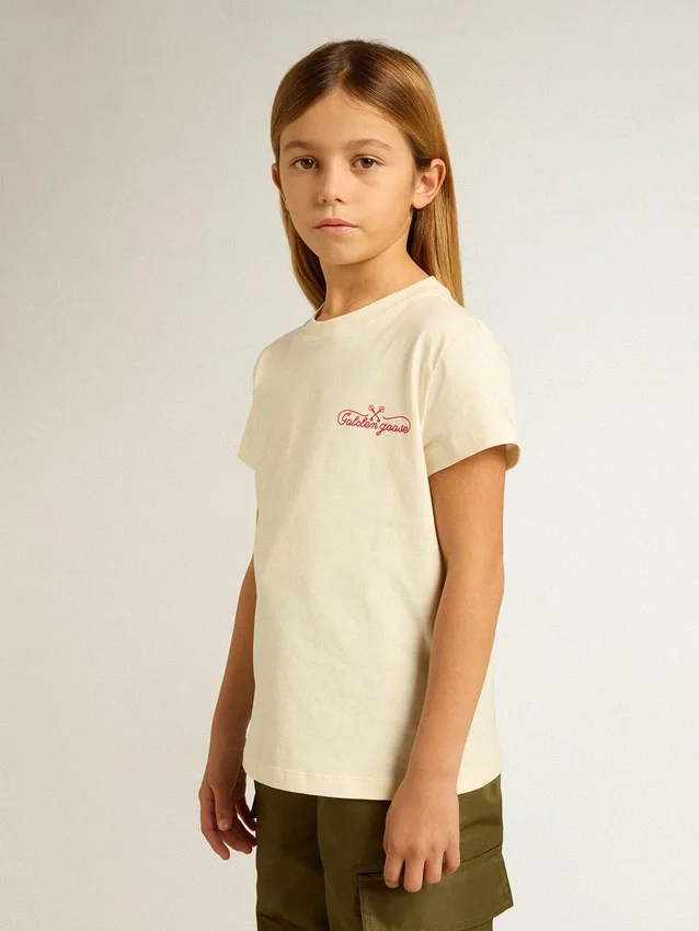 T-shirt en coton pour filles, blanc délavé, avec broderie rouge sur la poitrine