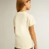 T-shirt en coton pour filles, blanc délavé, avec broderie rouge sur la poitrine