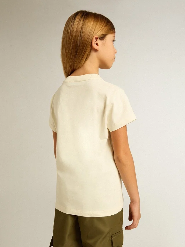 T-shirt en coton pour filles, blanc délavé, avec broderie rouge sur la poitrine