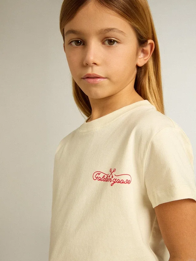 T-shirt en coton pour filles, blanc délavé, avec broderie rouge sur la poitrine