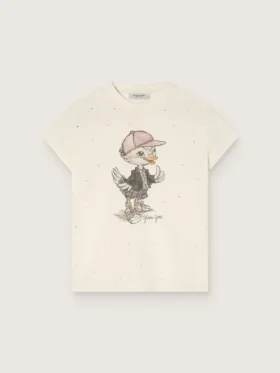 T-shirt Journey pour filles en jersey de coton blanc avec imprimé numérique de la mascotte et applications de cristaux
