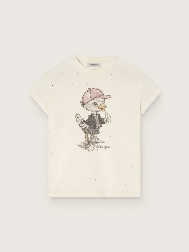 T-shirt Journey pour filles en jersey de coton blanc avec imprimé numérique de la mascotte et applications de cristaux