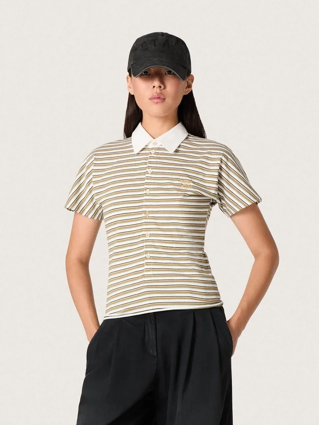 T-shirt polo pour femme en jersey rayé avec col contrasté