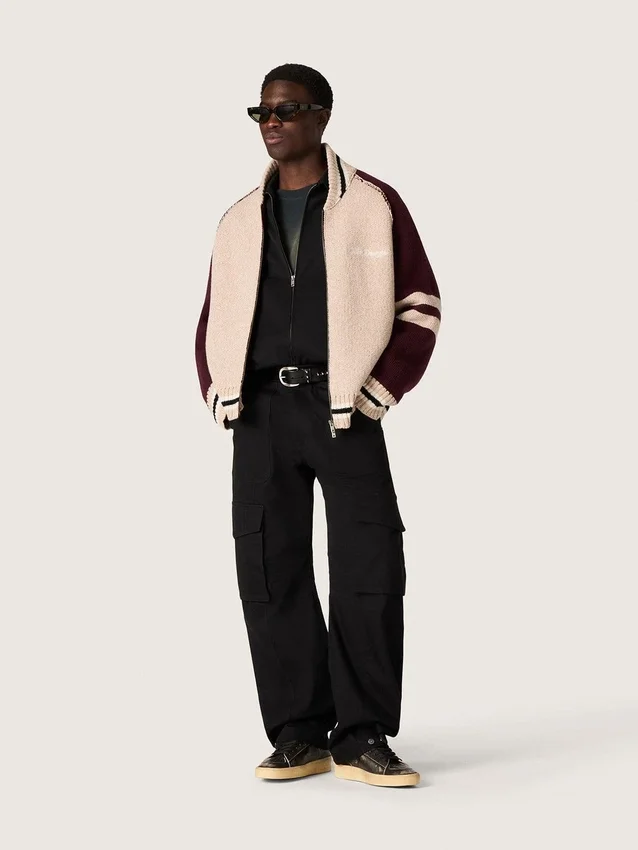 Blouson aviateur unisexe en maille jacquard blanche et bordeaux