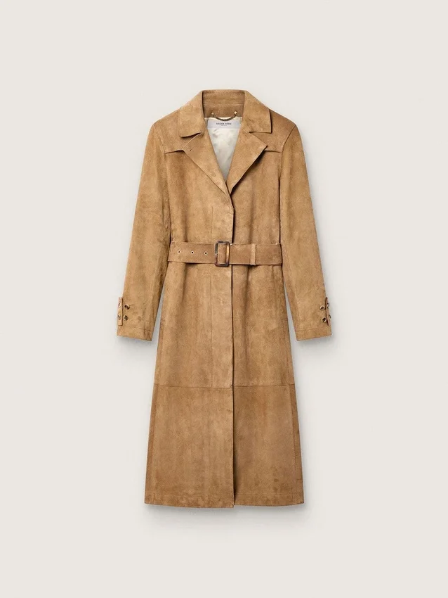 Trench-coat femme à ceinture en daim couleur sable