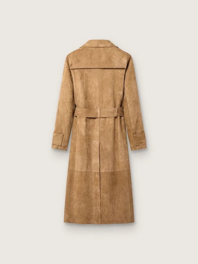 Trench-coat femme à ceinture en daim couleur sable