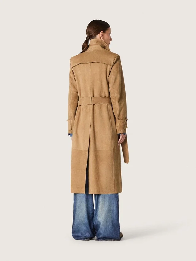 Trench-coat femme à ceinture en daim couleur sable