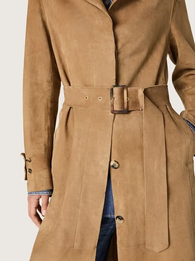 Trench-coat femme à ceinture en daim couleur sable