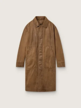 Trench-coat unisexe en sergé ciré marron avec détails en cuir