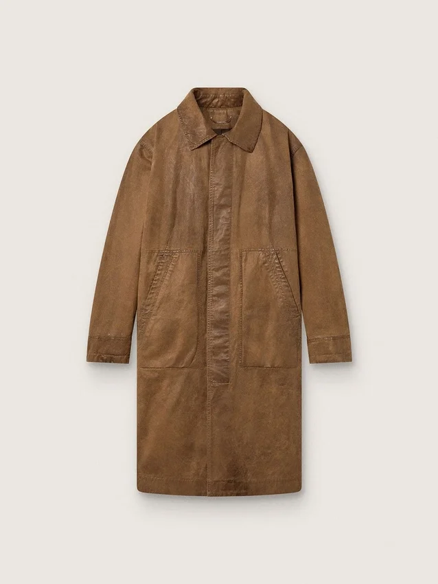 Trench-coat unisexe en sergé ciré marron avec détails en cuir