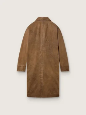 Trench-coat unisexe en sergé ciré marron avec détails en cuir