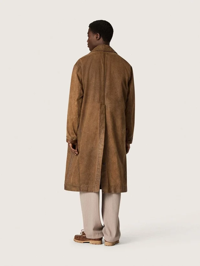 Trench-coat unisexe en sergé ciré marron avec détails en cuir