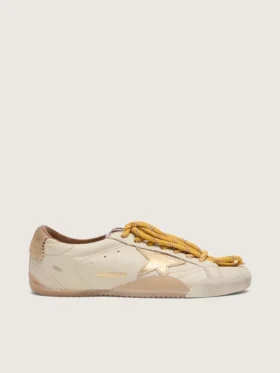 True-Star pour femme en cuir nappa blanc avec étoile dorée et languette de talon en daim beige