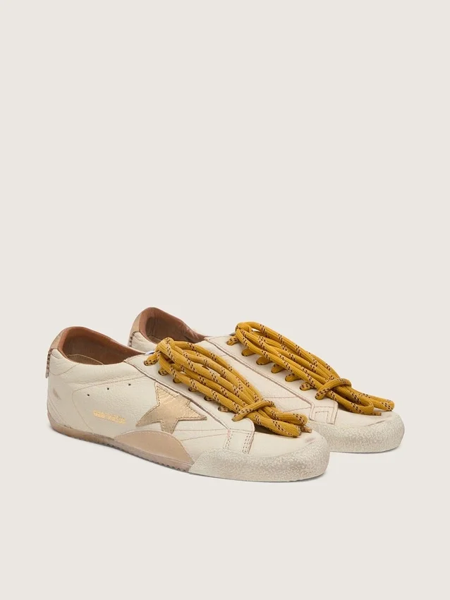 True-Star pour femme en cuir nappa blanc avec étoile dorée et languette de talon en daim beige