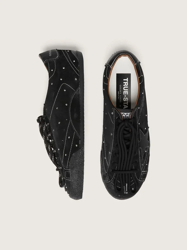 True-Star pour femme en daim noir avec cristaux Swarovski et étoile en cuir noir