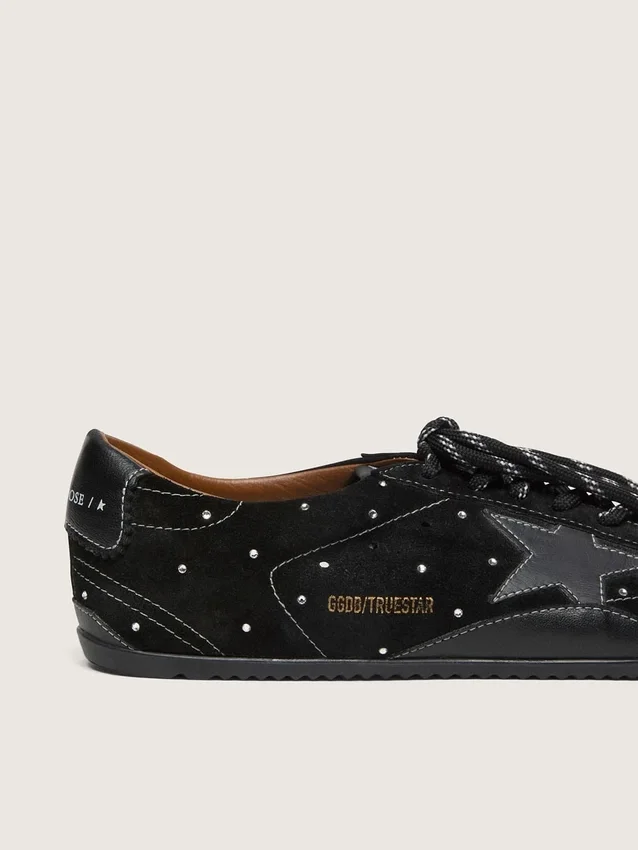 True-Star pour femme en daim noir avec cristaux Swarovski et étoile en cuir noir