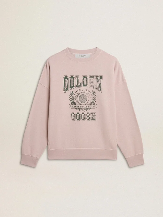 Unisex sweat-shirt à col rond couleur vieux rose avec logo imprimé vert