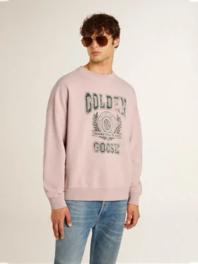 Unisex sweat-shirt à col rond couleur vieux rose avec logo imprimé vert