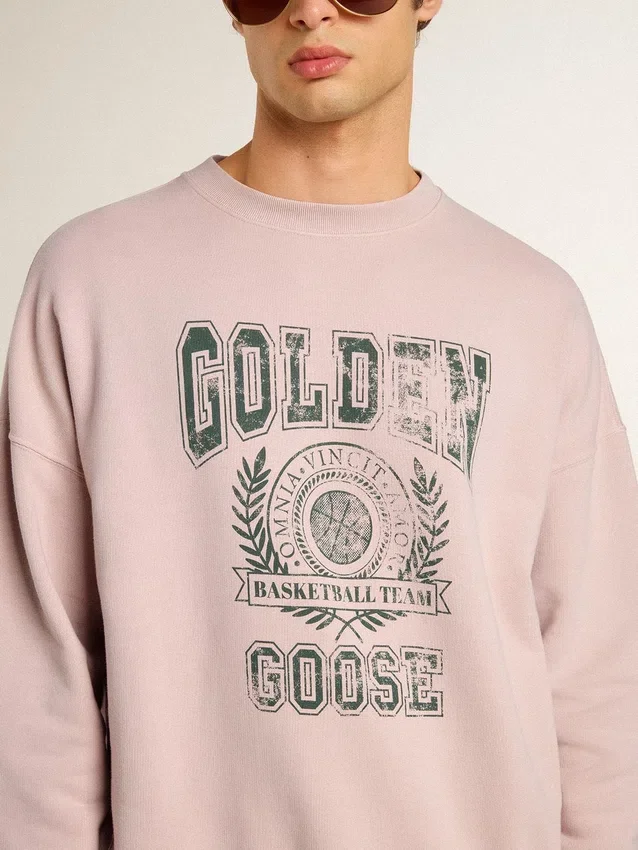 Unisex sweat-shirt à col rond couleur vieux rose avec logo imprimé vert