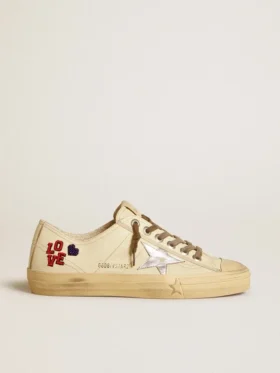 V-Star en nappa écru avec étoile en nappa argenté et broderie perlée