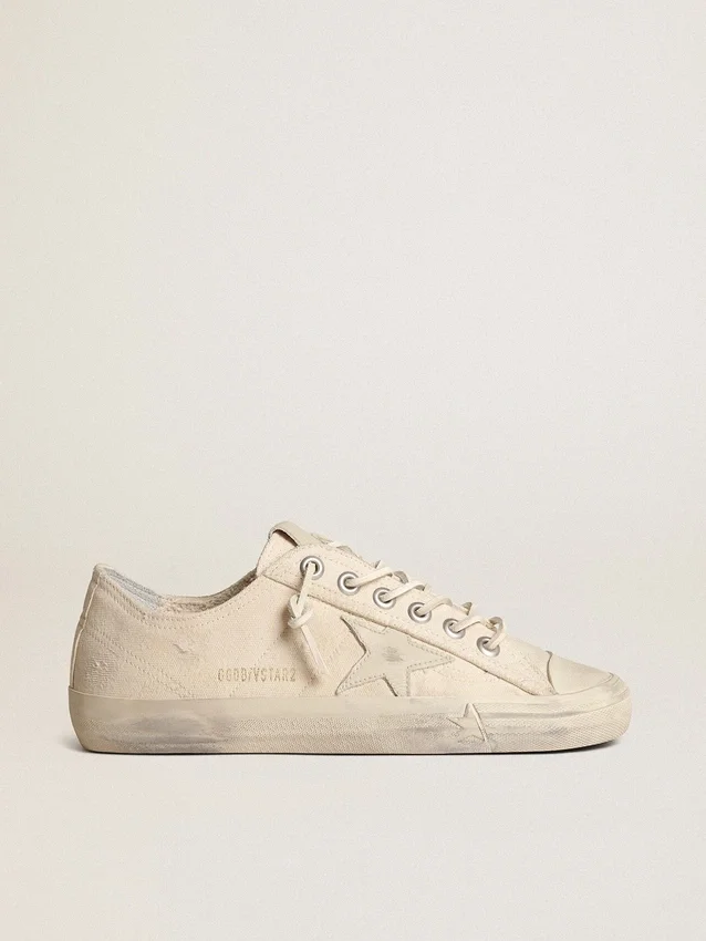 V-Star en toile crème clair avec étoile en cuir blanc laiteux