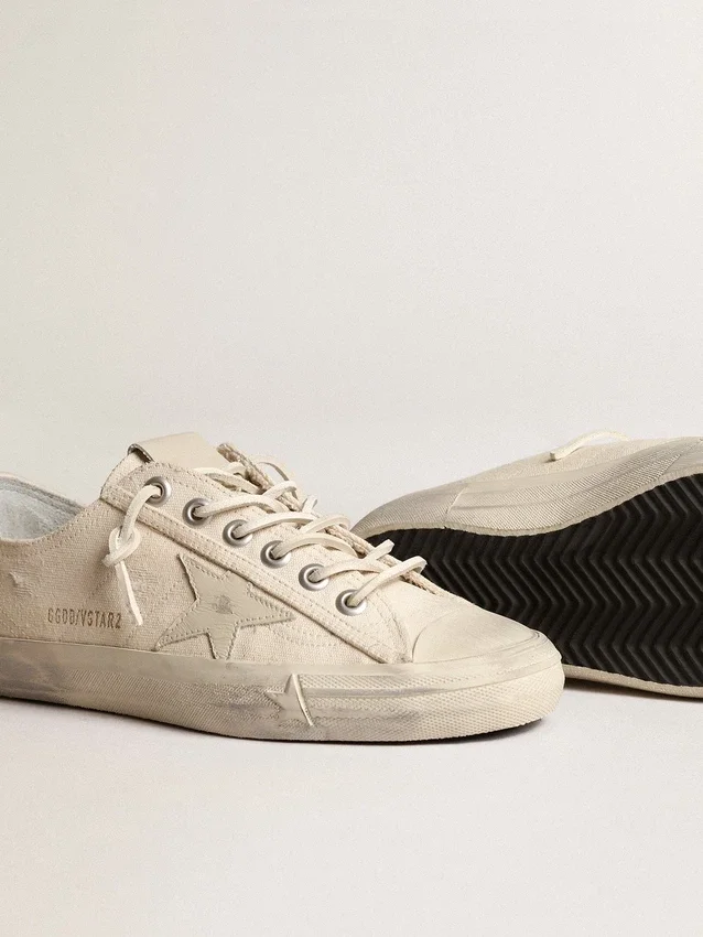 V-Star en toile crème clair avec étoile en cuir blanc laiteux