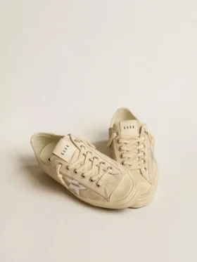 V-Star pour femme en daim couleur perle avec étoile en cuir métallisé argenté
