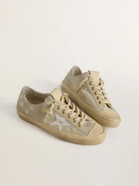 V-Star pour femme en daim gris glacé avec étoile en cuir blanc et broderie florale