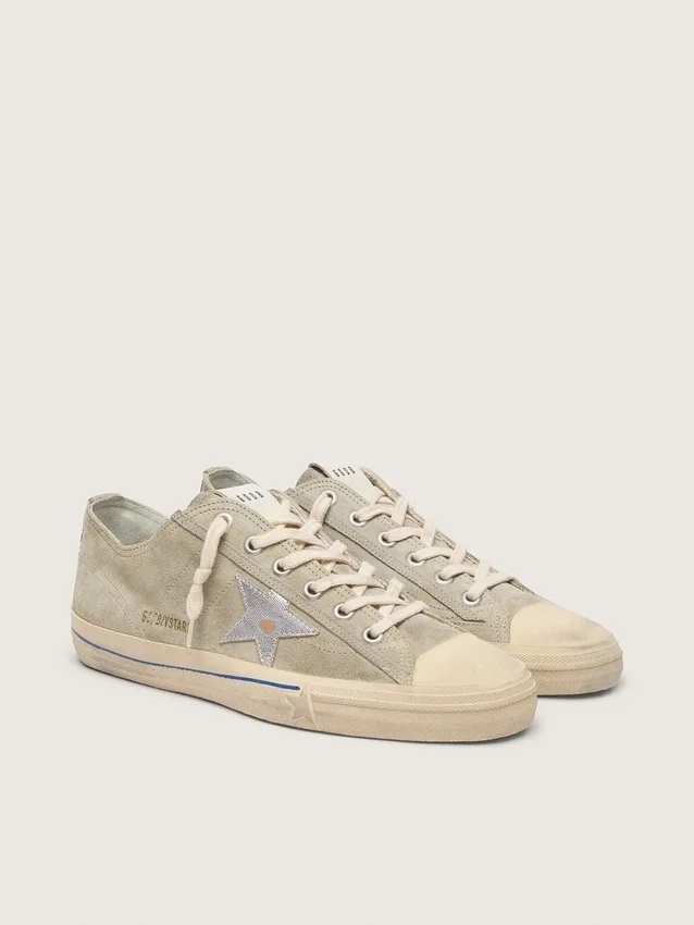 V-Star pour homme en daim gris tourterelle avec étoile en cuir métallisé argenté
