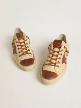 V-Star pour homme en toile crème avec étoile en cuir couleur tabac
