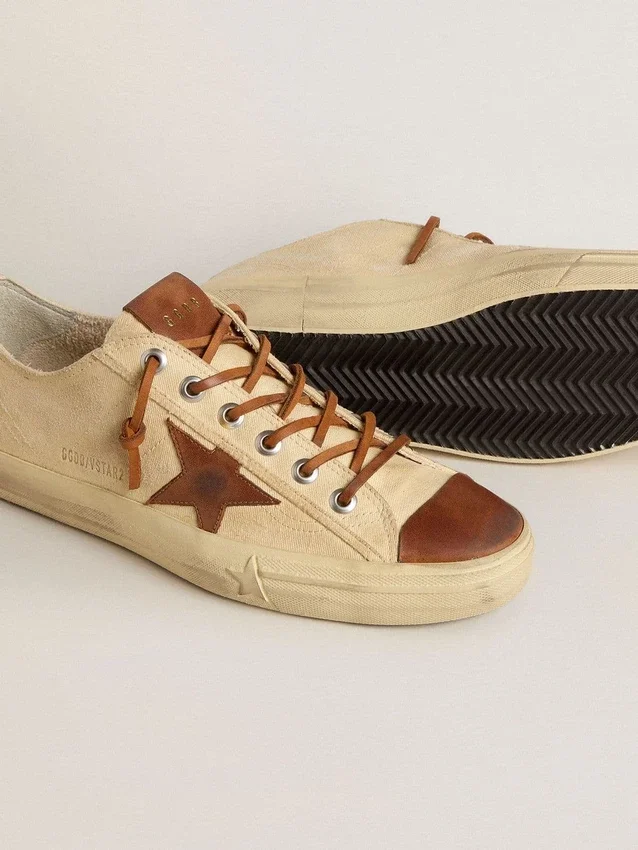 V-Star pour homme en toile crème avec étoile en cuir couleur tabac