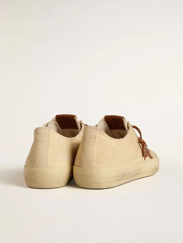 V-Star pour homme en toile crème avec étoile en cuir couleur tabac