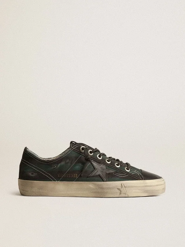 V-Star pour homme en toile rayée noire et verte avec étoile et bout en cuir noir
