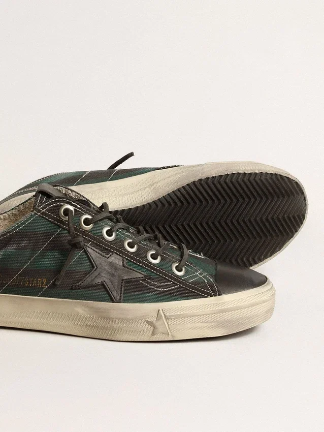 V-Star pour homme en toile rayée noire et verte avec étoile et bout en cuir noir