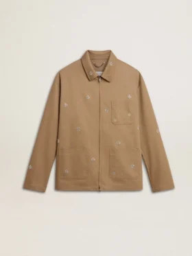 Veste beige pour homme avec broderies florales et fermeture à glissière intégrale