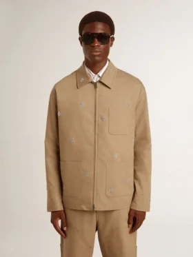 Veste beige pour homme avec broderies florales et fermeture à glissière intégrale