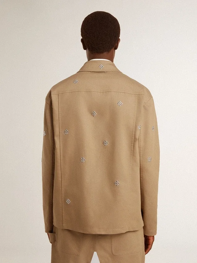 Veste beige pour homme avec broderies florales et fermeture à glissière intégrale