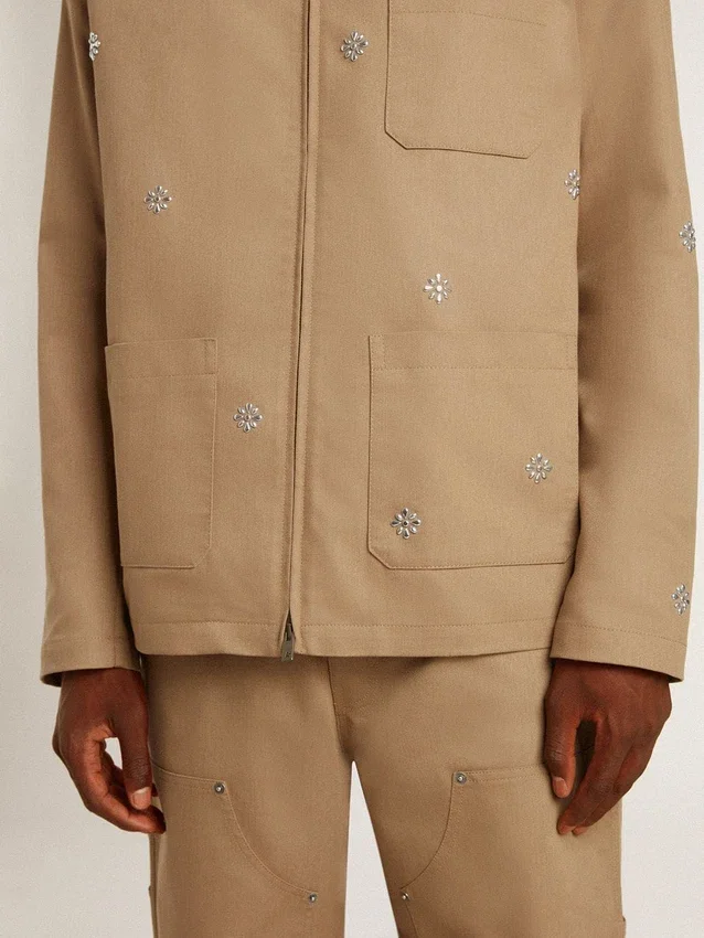 Veste beige pour homme avec broderies florales et fermeture à glissière intégrale