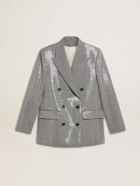 Veste boyfriend en laine à double boutonnage, motif micro-pied-de-poule et paillettes
