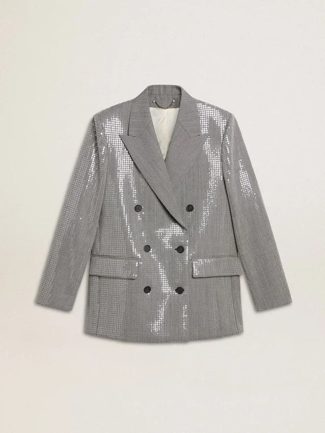 Veste boyfriend en laine à double boutonnage, motif micro-pied-de-poule et paillettes